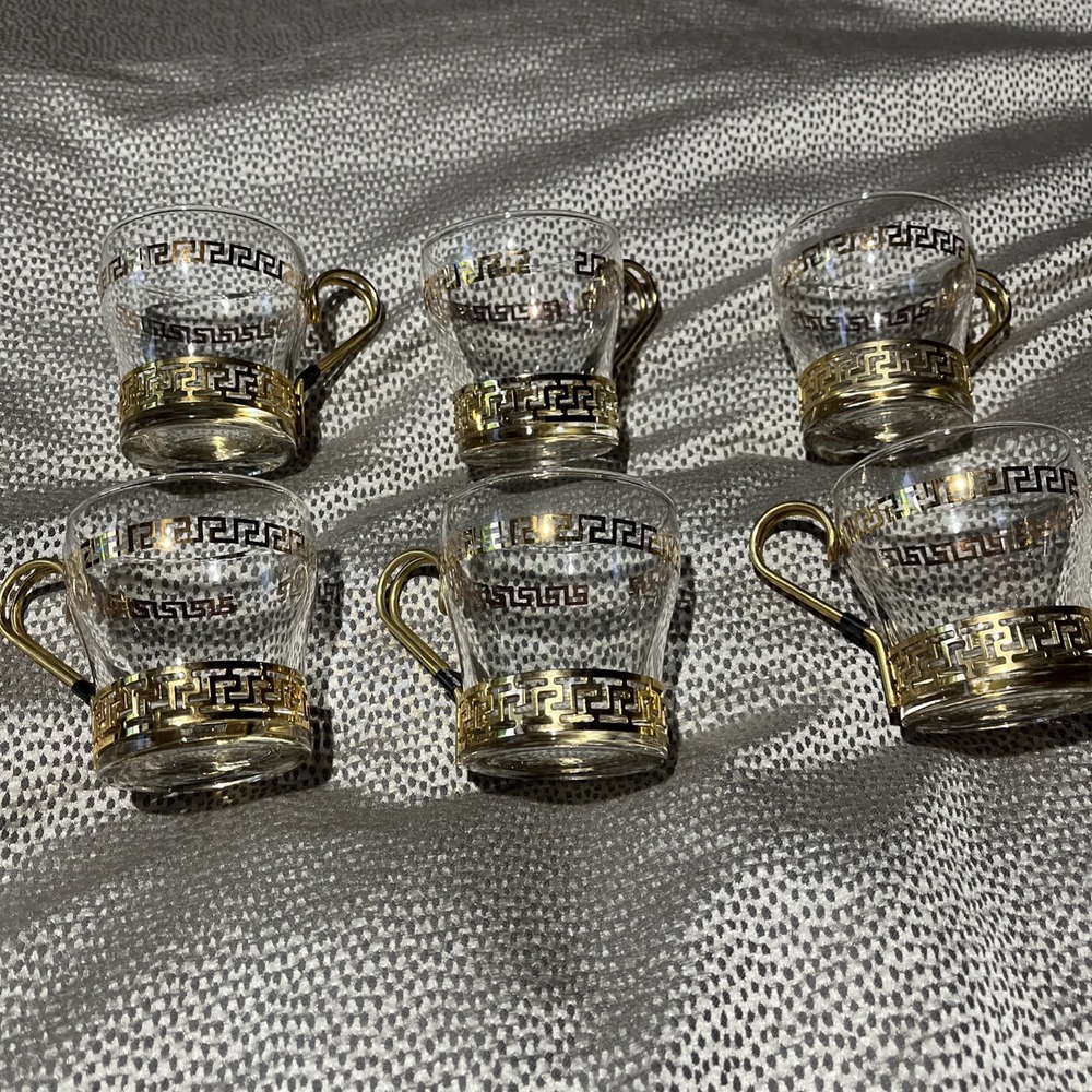 Greek Key Continental Coffee Cup/Mug by Libbey 60s Art Deco Gold Set of 6
